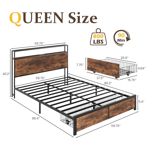 Rustic Brown Metal Bed Frame with Storage and Charging Station, view 3