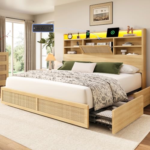 King Size Rattan Bed Frame with 4 Storage Drawers and 51.3" Tall Hidden Storage, view 2