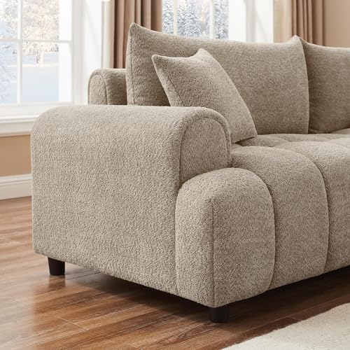 Boucle Sofa Couch, 91" Comfy Tufted Upholstered Cloud Couches, Modern 3 Seater Sofa with Pillows, Oversized Deep Seat Sherpa Couch for Living Room, Bedroom, Apartment (Camel Color)