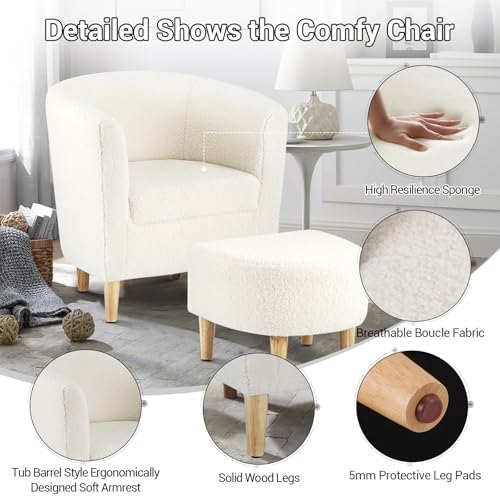 Sherpa Accent Chair with Ottoman, White Fluffy Teddy Barrel Armchair for Cozy Living Room, Small Comfy Chairs for Bedroom, Reading Corner
