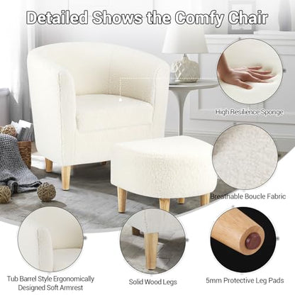 Sherpa Accent Chair with Ottoman, White Fluffy Teddy Barrel Armchair for Cozy Living Room, Small Comfy Chairs for Bedroom, Reading Corner