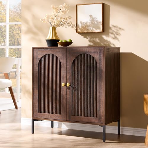 Modern Buffet Cabinet with Storage, 34" Tall Fluted Arched Sideboard Cabinet w/Adjustable Shelves, Wooden Modular Coffee Bar for Dining Room, Kitchen, Living Room, Entryway, Brown