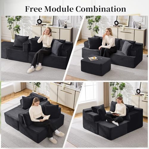 Cloud Modular Sectional Sofa with L-Shaped, Boneless Couches for Living Room, Fluffy Comfy Corduroy Deep Seat with Ottoman, Bedroom, Apartment, No Assembly Required