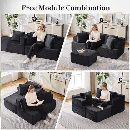 Cloud Modular Sectional Sofa with L-Shaped, Boneless Couches for Living Room, Fluffy Comfy Corduroy Deep Seat with Ottoman, Bedroom, Apartment, No Assembly Required