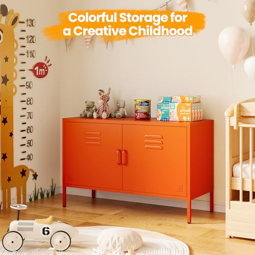 Orange Metal Storage Cabinet with 2 Doors and Adjustable Shelves, view 6