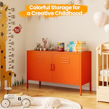 Orange Metal Storage Cabinet with 2 Doors and Adjustable Shelves, view 6