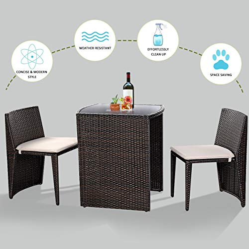 3 PCS Cushioned Outdoor Wicker Patio Set Convention Bistro Set Garden Lawn Space Saving Conversation Sofa Furniture No Assembly (Brown)