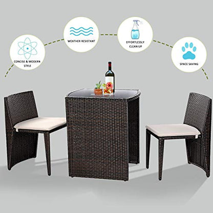 3 PCS Cushioned Outdoor Wicker Patio Set Convention Bistro Set Garden Lawn Space Saving Conversation Sofa Furniture No Assembly (Brown)