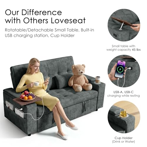 65in Sleeper Sofa Bed, 3 in 1 Pull Out Couch with Chenille Fabric Convertible Loveseat for LivingRoom and Apartment (Darkgrey)