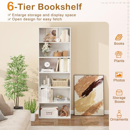 6-Tier Bookcase, 70” Tall Freestanding Bookshelf with 6 Open Shelves, Anti-Toppling Kits, Floor Display Storage Organizer for Living Room, Study, Kitchen, Home & Office (White, 70" H)
