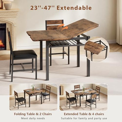 Dining Table Set for 4, Extendable Kitchen Table with 4 PU Leather Upholstered Dining Room Chairs, Wood Kitchen Table Set with Built-in Storage Rack for Dining & Small Spaces, Rustic Brown