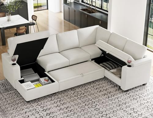 Sleeper Sofa Modular Sectional Pull Out Couch Bed U Shaped Sofa Couch for Living Room with Storage Chaise. White