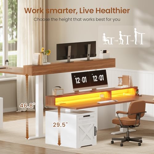 Farmhouse L Shaped Standing Desk, 70.1" x 73.2" Height Adjustable Home Office Executive Desk with Drawers, Power Outlet, Monitor Stand, Sit Stand Table with Led Lights for Home Office, White