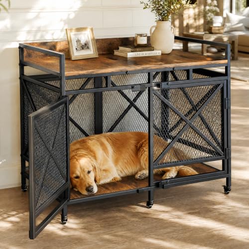 48" Dog Crate Furniture with Wheels, Brown, view 2