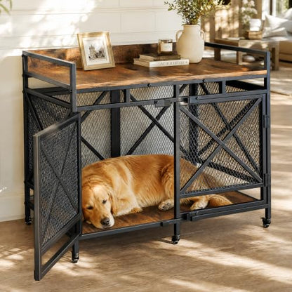 48" Dog Crate Furniture with Wheels, Brown, view 2