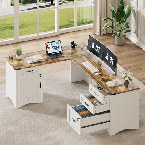 67" Farmhouse L-Shaped Office Desk with 4 Drawers,White & Brown, view 2