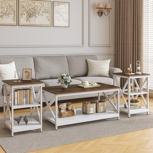 Living Room Coffee Table Set of 3, Industrial X-Design Coffee Table and 2 End Side Tables, 3 Piece Living Room Table Set with Large Storage for Apartment Home (White+Walnut Brown)