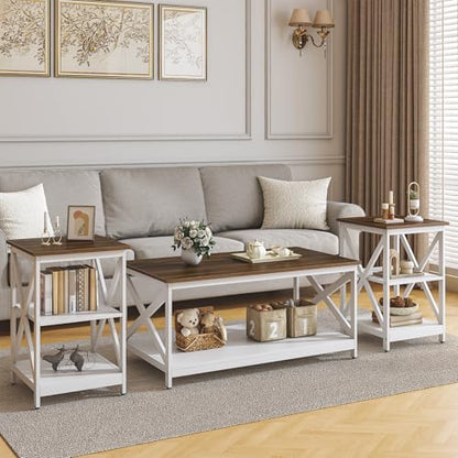Living Room Coffee Table Set of 3, Industrial X-Design Coffee Table and 2 End Side Tables, 3 Piece Living Room Table Set with Large Storage for Apartment Home (White+Walnut Brown)