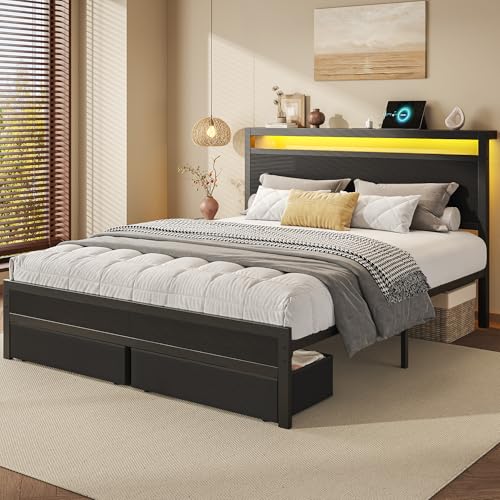 Wooden Queen Bed Frame with Storage and Charging Station, view 5