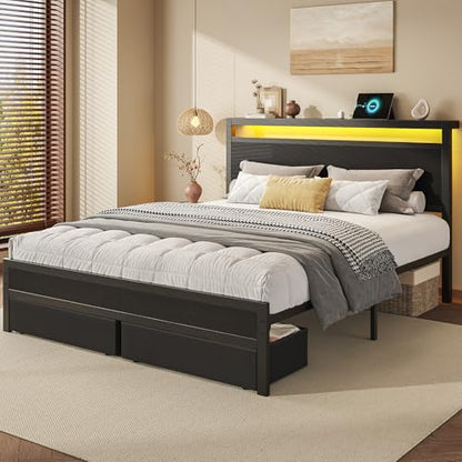 Wooden Queen Bed Frame with Storage and Charging Station, view 5