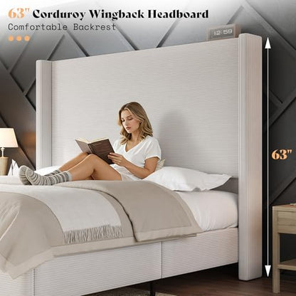 Queen Upholstered Bed Frame with 63" Headboard & Wingback, Cream, view 5