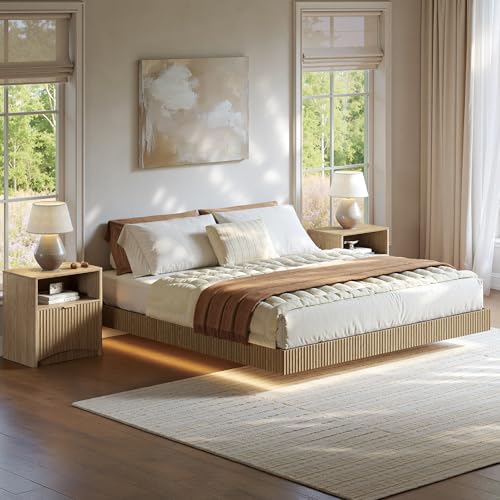 Bedroom Furniture Set-Bed with 2 Nightstands, Mid Century Modern Bedroom Set, Floating Bed Frame Led Lights, Fluted Floating Room Furnitures, 3-Piece Room Set (Nbh, Queen)