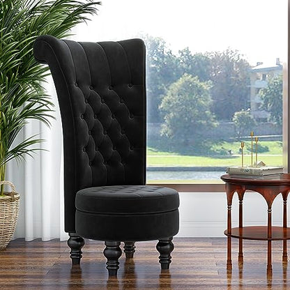 High Back Throne Royal Chair, Retro Armless Chair with Storage, Velvet Furniture Chair, Upholstered Tufted Accent Seat for Living Room, Bedroom, Black