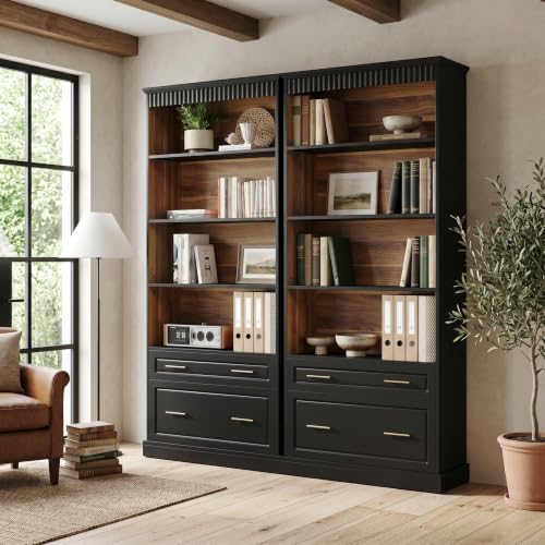 72" Tall Black Bookcase with 2 Drawers, view 4
