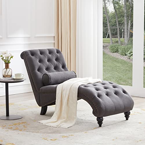 Button-Tufted Chaise Lounge Indoor with Solid Wood Legs & Support Pillow, view 2