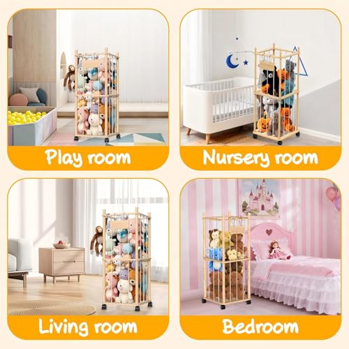 Stuffed Animal Storage Organizer, Wooden Plushies Toy Zoo Holder with Wheels, view 8