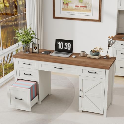 Farmhouse 61'' Executive Desk with 5 Drawers,Unique White, view 7