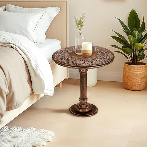 Wooden End Table for Living Room - 18x22 Burnt Finish Carved Side Table, Single Pillar Nightstand, Bedside Table for Books, Plants, Magazines, Small Space Accent Table