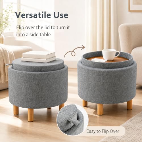 Round Storage Ottoman with Tray, Accent Storage Footstool, Gray, view 6