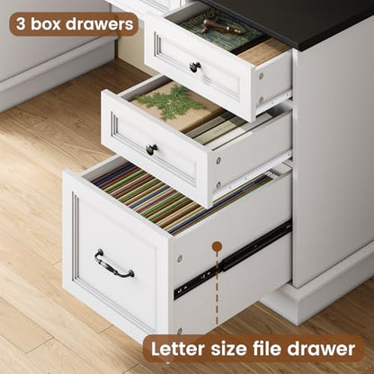 Farmhouse Executive Desk with Drawers Computer Desk with File Drawers, Power Outlet and Led Lights, Executive Office Desk with Storage Cabinet and Monitor Shelf for Home Office, White