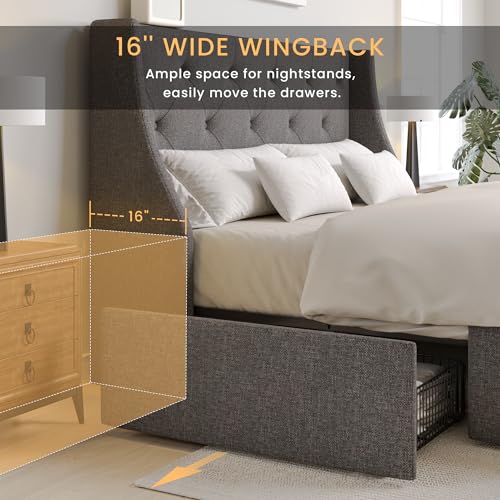 Upholstered Queen Size Platform Bed Frame with 4 Storage Drawers and Wingback Headboard, Diamond Stitched Button Tufted Design, No Box Spring Needed, Light Grey