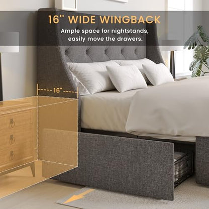 Upholstered Queen Size Platform Bed Frame with 4 Storage Drawers and Wingback Headboard, Diamond Stitched Button Tufted Design, No Box Spring Needed, Light Grey