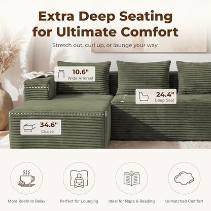 Modular Sectional L-Shaped Sofa with Deep Seat, Modern Boneless Comfy Corduroy Fluffy Couch with Side Pockets and Anti-Slip & Floor-Friendly Bottom for Living Room, No Assembly, Green