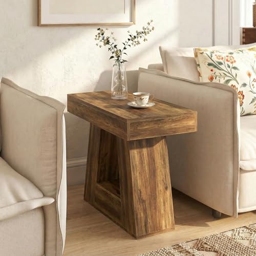 Tribesigns 24" Side Table, Narrow End Table with 2-Tier Storage Shelf, Farmhouse Wooden Nightstand Accent Table with Trapezoid Base for Living Room, Bedroom, Small Spaces, Brown
