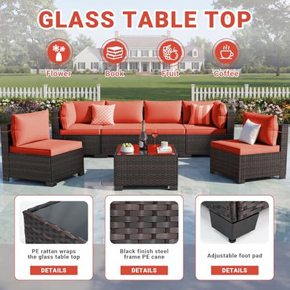 7-Piece Outdoor Patio Furniture Sets, Manual Weaving Rattan Conversation Sectional Sofa with Tempered Glass Coffee Table, All-Weather PE Wicker & Thick Cushions for Garden, Backyard, Porch