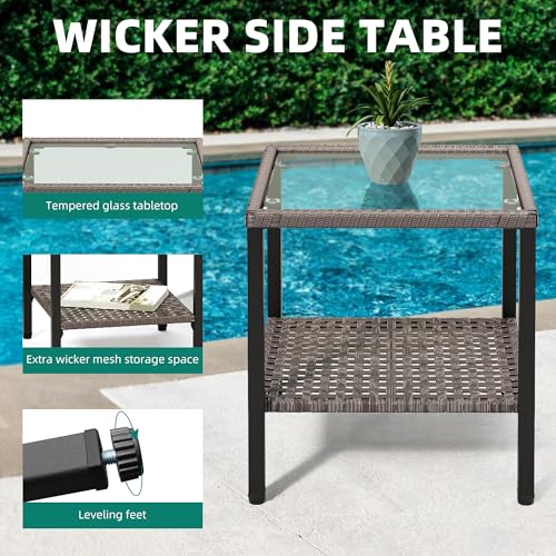 3 Pieces Patio Set w/2.8" Thick Cushions, All Weather Swivel Patio Furniture Set w/Wicker Rocking Chairs & Rattan Side Table for Backyard Deck Poolside, Blue