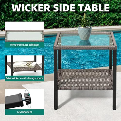 3 Pieces Patio Set w/2.8" Thick Cushions, All Weather Swivel Patio Furniture Set w/Wicker Rocking Chairs & Rattan Side Table for Backyard Deck Poolside, Blue