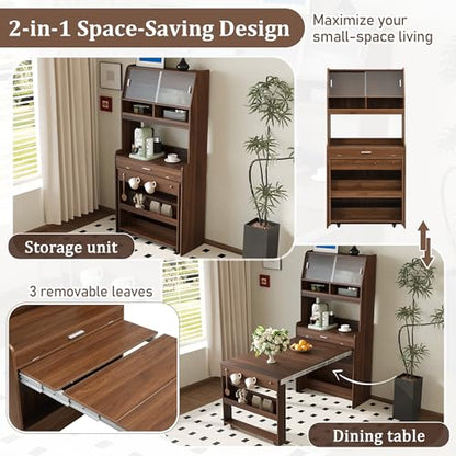 Kitchen Buffet with Hutch, 33.5-inch Sideboard Cabinet with Foldable Drop-Leaf Dining Table, Storage Shelves and Hooks for Small Spaces, Apartment (Walnut Wood+MDF + Farmhouse)