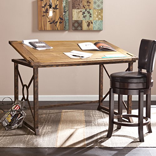 Knightley Tilt Top Drafting Table - 51.5 inch Wide - Oak Wood Finish w/ Antique Brass, Brown