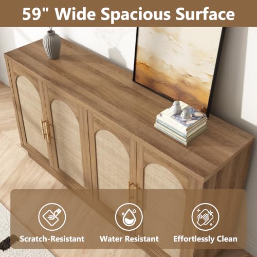 59" Rattan Sideboard Buffet Cabinet with Storage, 4 Arched Doors, view 4