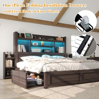 King Size Bed Frame with Bookcase Headboard & Storage, Black, view 6