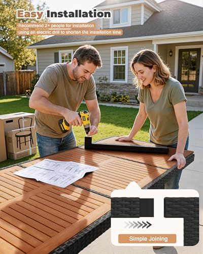 9 Piece Patio Dining Set Outdoor Acacia Wood Table and Chairs with Soft Cushions Wicker Patio Furniture for Deck, Backyard, Garden