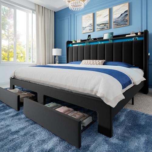 King Size Bed Frame with 2-Tier Storage Headboard & 2 Large Drawers, view 3