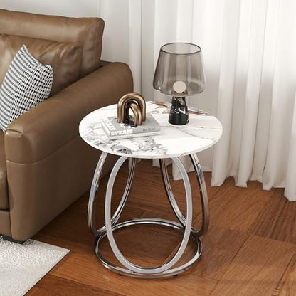 Silver Side Table Living Room, Round End Table with Metal Frame, Modern Nightstand for Small Spaces, Bedroom, Home Office, 1PC