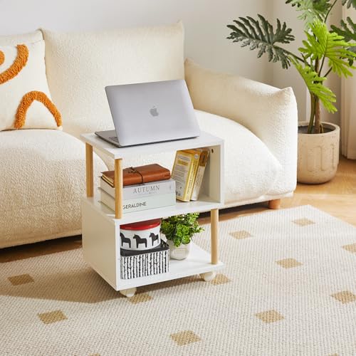 Wooden Night Stand with Open Shelf, Nightstand with Wheels, S-Shaped Bed Side Table 3 Tier, 20 inch High End Table White YD-TM155W