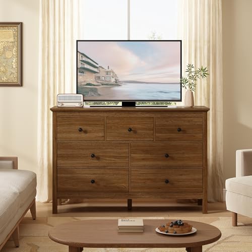 47" Walnut Dresser for Bedroom with 7 Drawer & Metal Handles, view 5